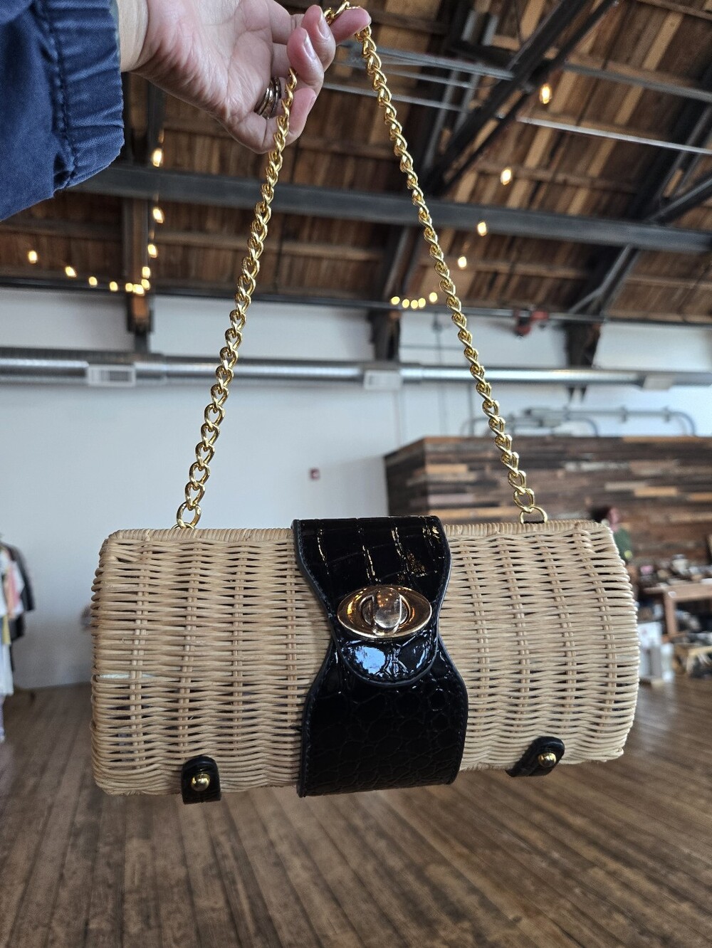 The Many Moods Of Poppie Jones Woven Straw Shoulder Bag with Black Patent Accent